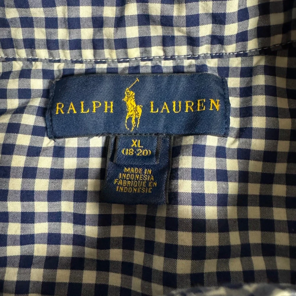 Ralph Lauren Boys XL 18-20 Navy White Gingham Button Down Shirt Long Sleeve Pony